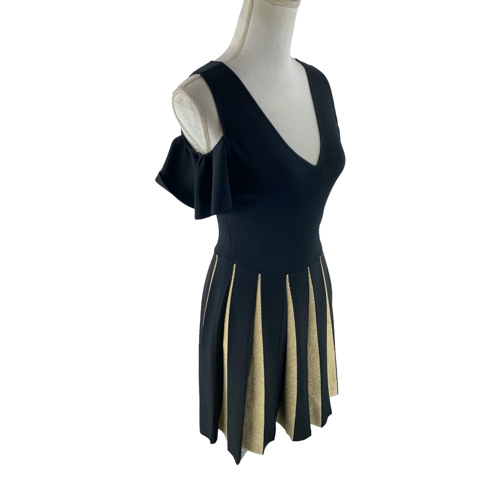 TED BAKER Wytney Cold-Shoulder Skater Fit to Flare Dress in‎ Black & Gold Sz 2